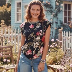 VTG Y2K medium women black beaded sequin floral women top whimsygoth fairygrunge